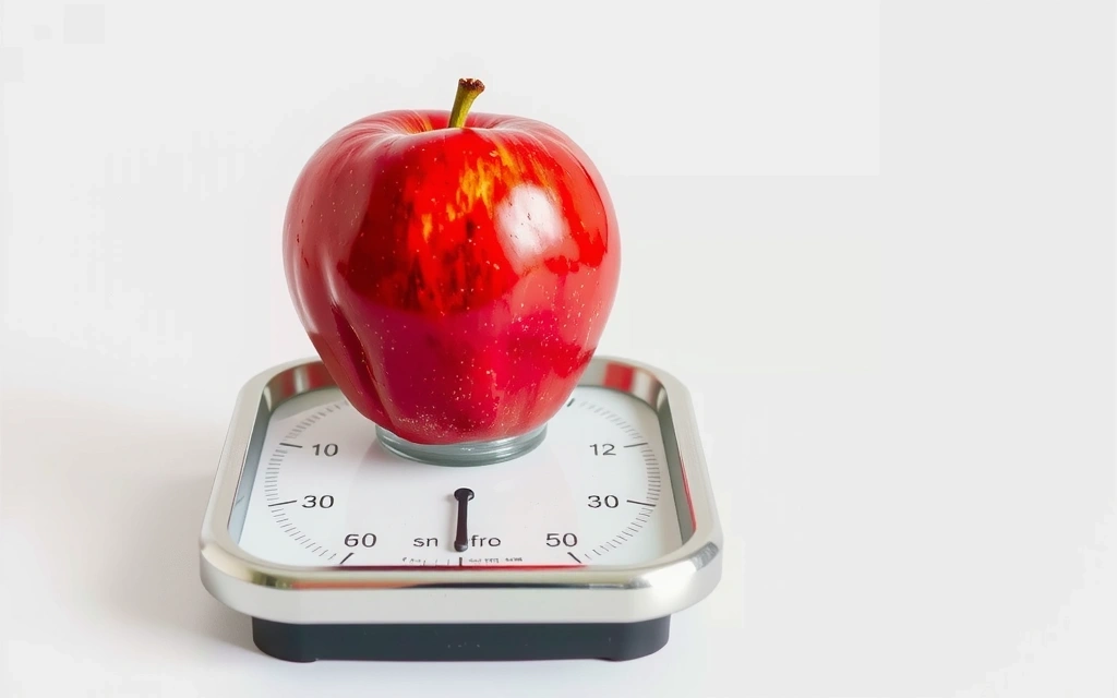 Bilancia e mela rossa su sfondo neutro