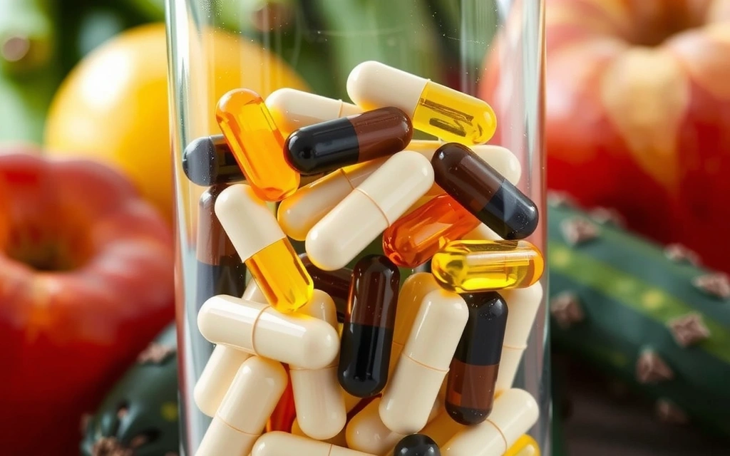 Capsule vitaminiche in un flacone trasparente