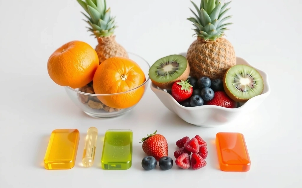 Integratori vitaminici e frutta fresca sul tavolo