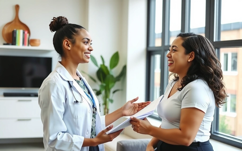 Un nutrizionista che spiega un piano alimentare a un cliente sorridente in un ambiente moderno e accogliente.