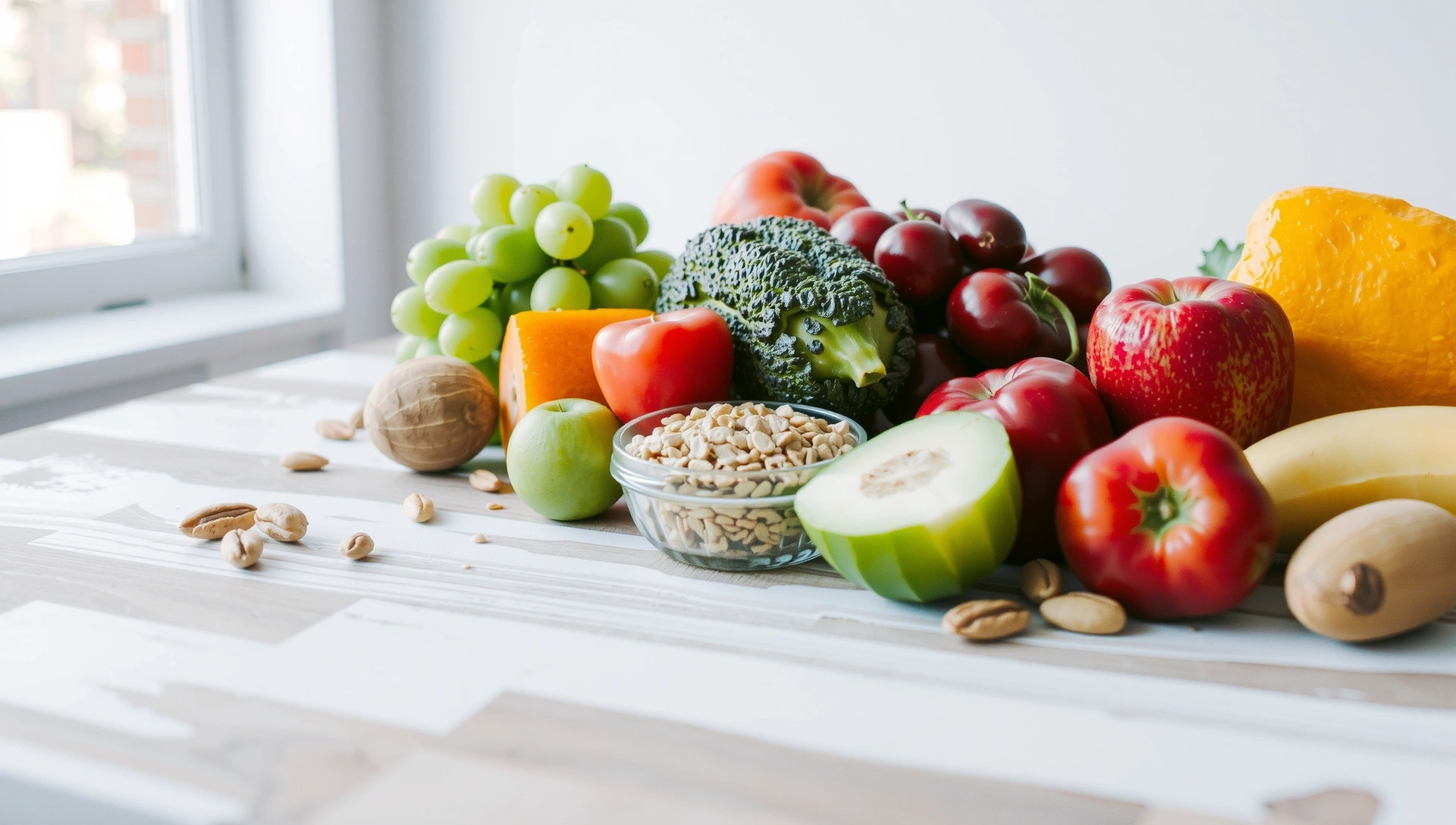 Una selezione vibrante di alimenti sani e freschi disposti artisticamente su un tavolo di legno chiaro, con luce naturale che entra da una finestra, creando un'atmosfera serena e invitante.
