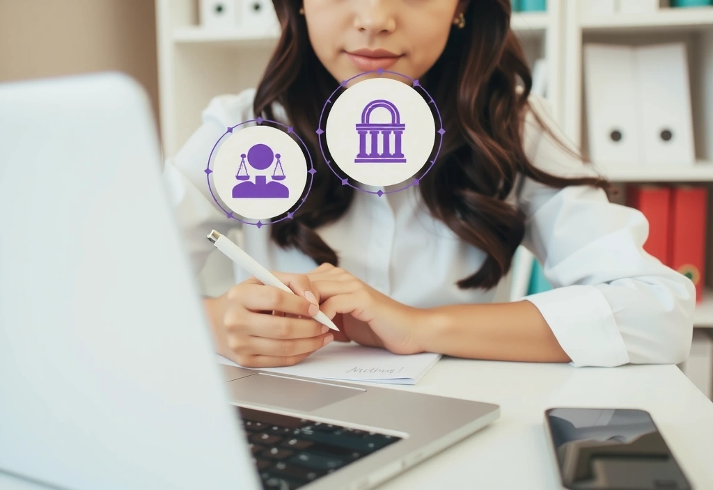 Donna che scrive appunti su un laptop con icone di proprietà intellettuale che galleggiano intorno, simboleggiando la protezione dei contenuti digitali.